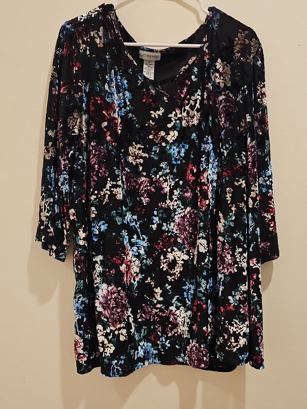 Catherines Black Floral V-Neck Blouse with Multicolor Blooms